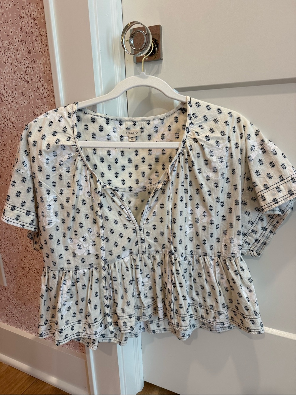 Anthropologie White & Navy Printed Peasant Peplum Blouse